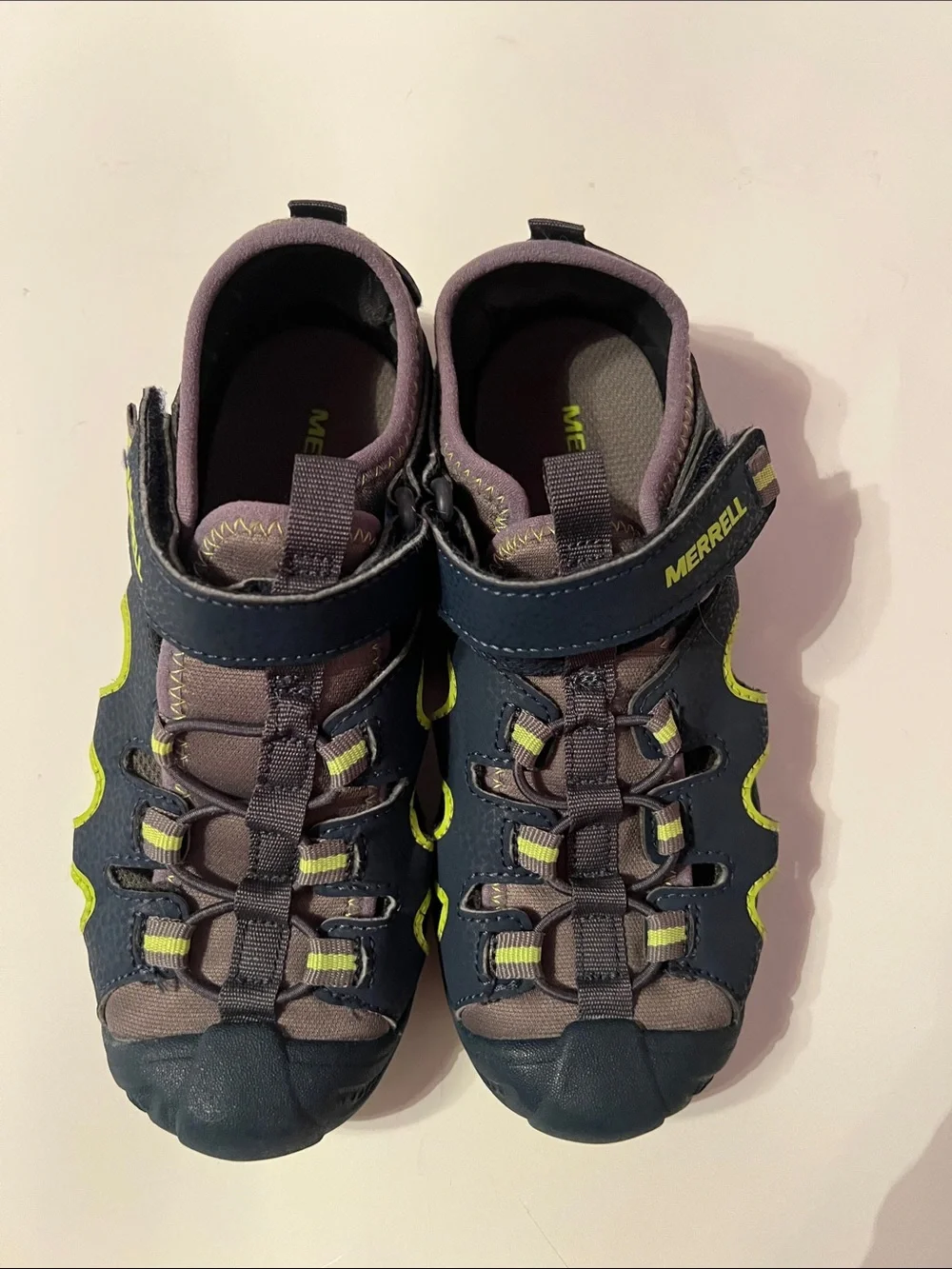 Merrell Hydro H20 Hiker Close Toe Sandals Navy Blue with Lime Accents Size 1